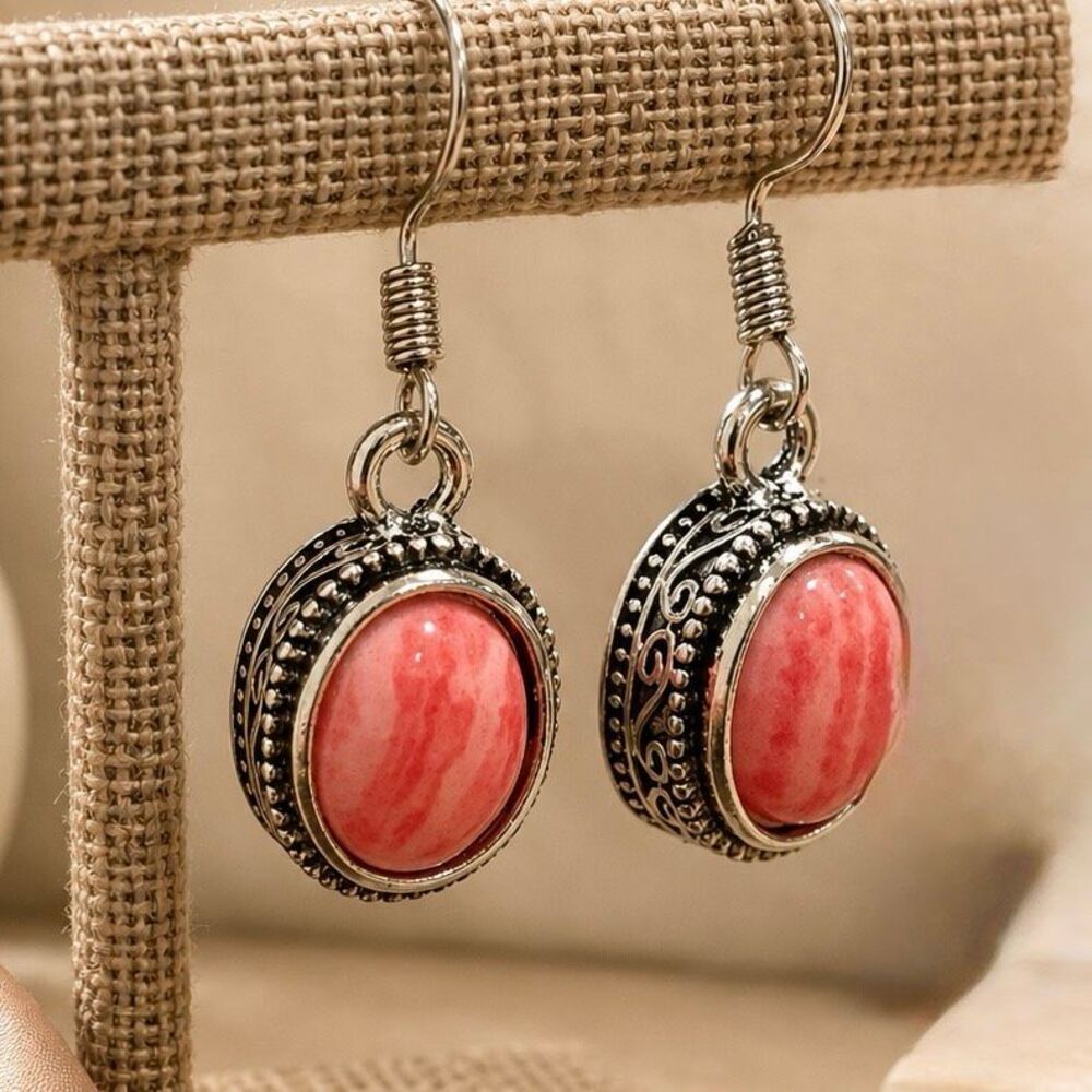 Balinese Style Coral Red Drop Earrings Silver Tone